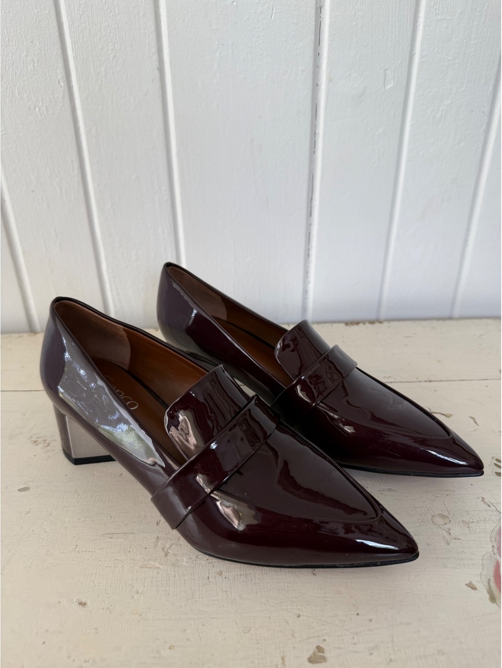 Franco Sarto Women's Burgundy Patent Leather Block Heel Loafers